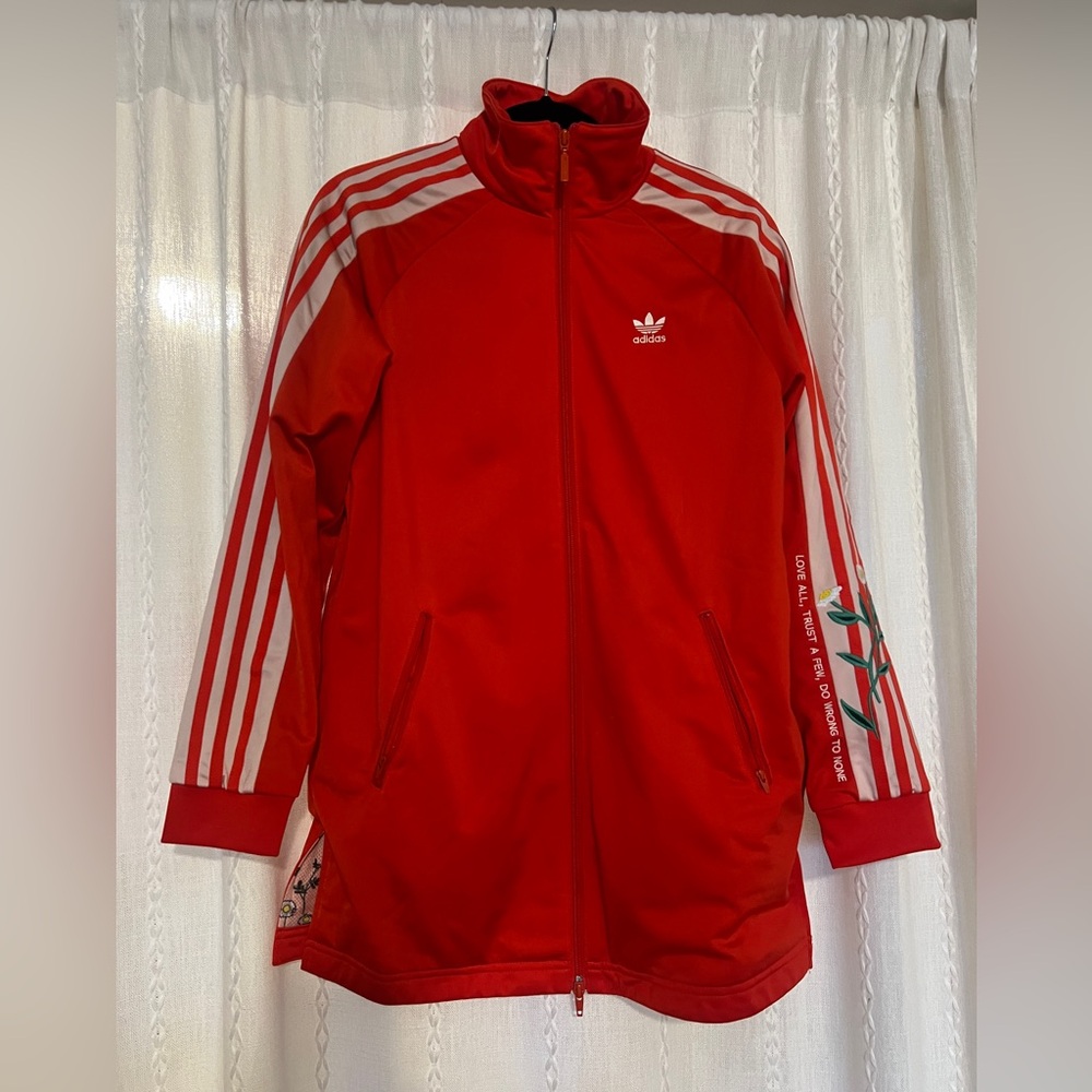 Adidas Women's Bright Orange Extra Long Jacket w White Stripes and Floral Detail